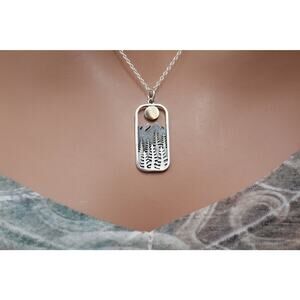 Sterling Silver Rectangle Pine Tree with Bronze Sun Necklace